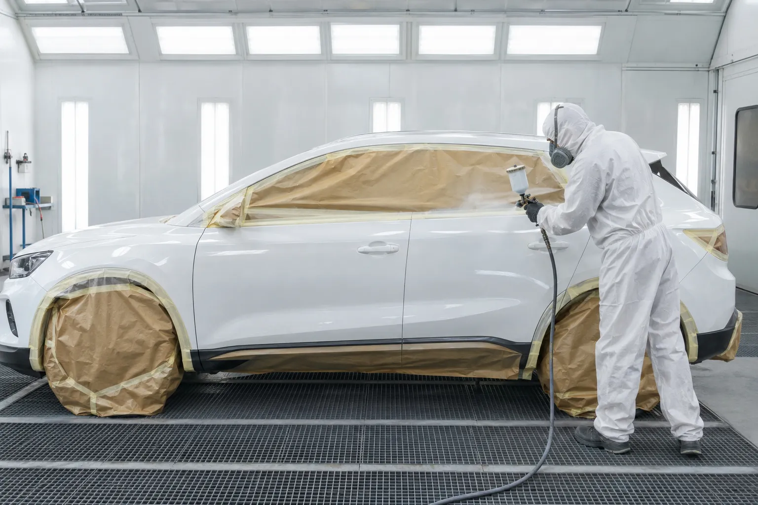 Une voiture entière dans la cabine de peinture, vitres et roues masquées, un peintre en combinaison blanche applique le vernis sur la portière arrière.