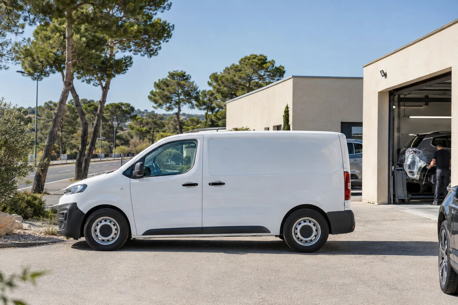 Camionnette blanche devant des bâtiments d'une zone d'activité provençale, route et pins au fond.